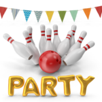 Bowling Ball hitting pins with balloons spelling Party