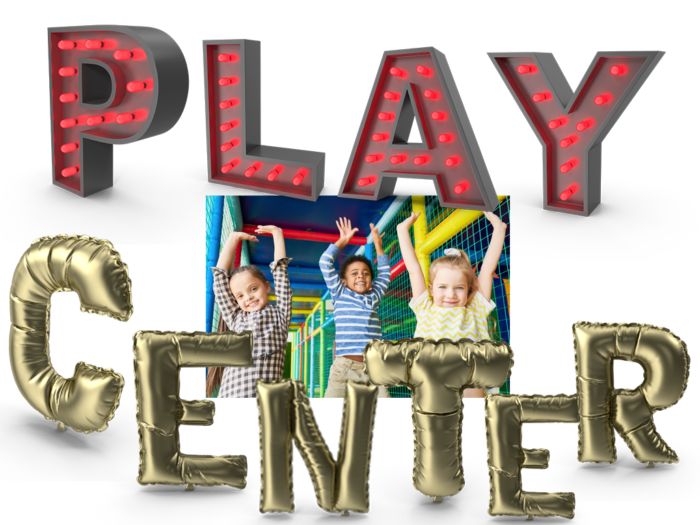 Image of happy kids with their hands in the air with balloon letters saying Play Center