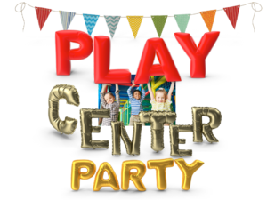 Image of happy kids with there hands in the air with balloon letters Play Center Party