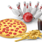 Bowling Ball knocking down pins with a pizza chips and a glass of coke in the forground