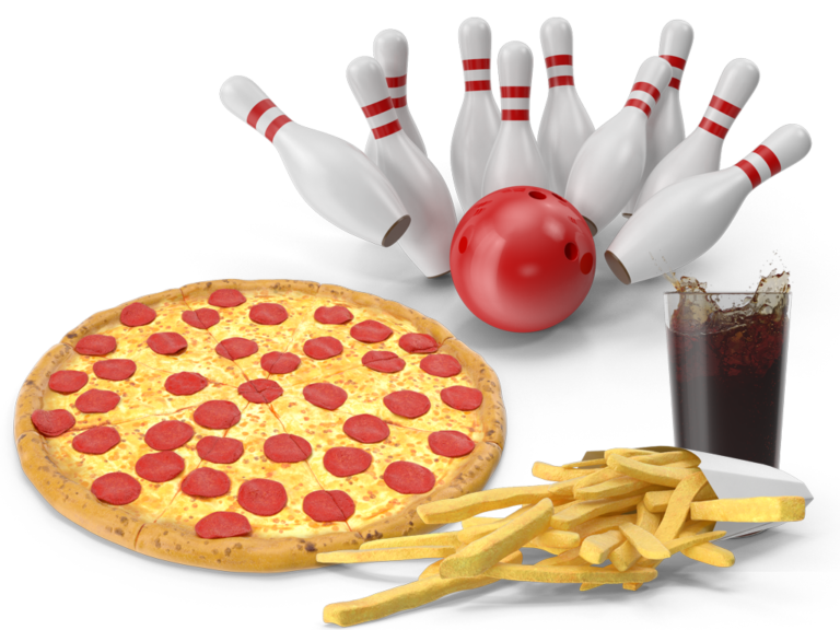 Bowling Ball knocking down pins with a pizza chips and a glass of coke in the forground