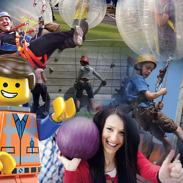 Montage of Images Lego man woman with bowling ball kid abseiling man on zip line zorb balls