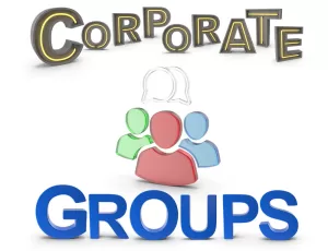 Logo for Corporate Groups featuring three stylized human figures in green, red, and blue, with speech bubbles above them, set against the words 'CORPORATE GROUPS' in bold black and blue text with a golden outline.
