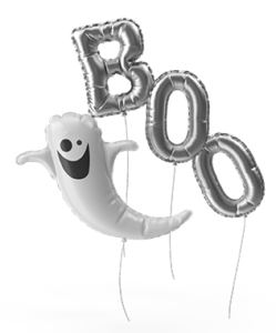 Silver foil balloons shaped like the word 'BOO' and a smiling ghost.