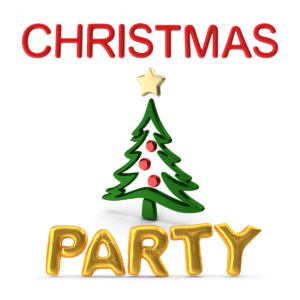 Graphic image with the text 'Christmas Party' featuring red and gold letters, a decorated Christmas tree with a star on top, and shiny gold balloons spelling 'Party