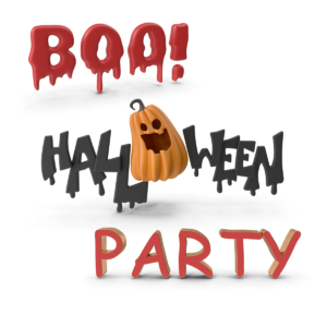 Graphic image with the text 'Boo! Halloween Party' featuring dripping, spooky letters, large googly eyes for the 'O's, and a carved pumpkin in the center.