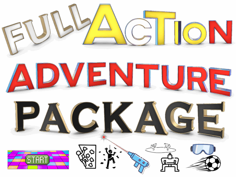 Bold and colourful 3D text reading “Full Action Adventure Package” with playful icons like a laser gun, VR goggles, a neon start button, and a digital dance floor.