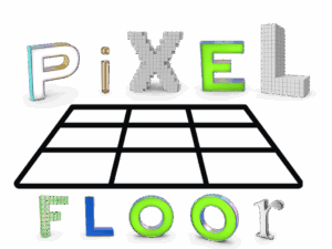 Pixel Floor Game logo with stylized 3D letters and a digital floor grid