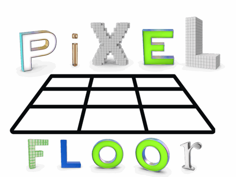 Pixel Floor Game logo with stylized 3D letters and a digital floor grid