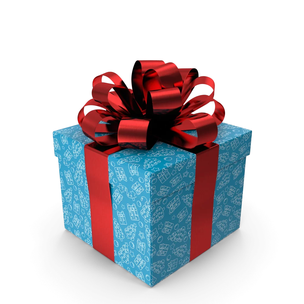 Blue gift box with red ribbon symbolising surprise rewards for Leisure Max email subscribers